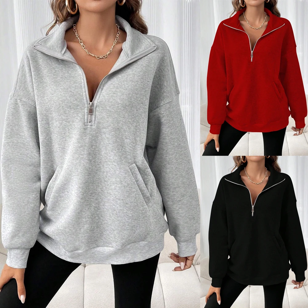 Women Spring Basic Hoodie Outdoor Fashion Half Zipper Pullovers Autumn Solid Casual Pocket Long Sleeve Sweatshirt Black Tops