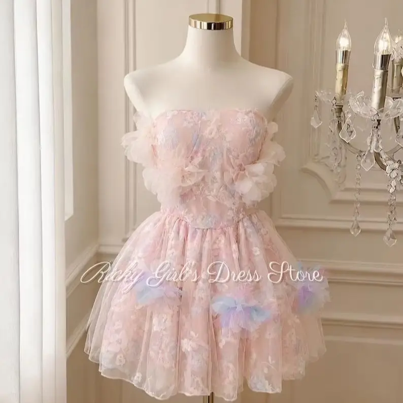 Customized 3d Floral Floral Sleeveless Pink Flower Girl Dress Shoulder Strapless Tulle Backless Mini Kids Birthday Party Gown