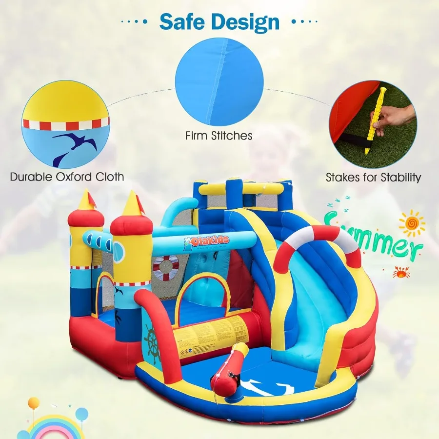 Toboganes de agua inflables, casa hinchable con temática náutica con tobogán, piscina contra salpicaduras, pared trepadora, pistola de agua, castillo de salto al aire libre