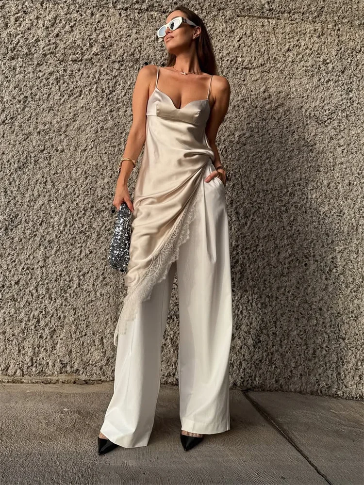 

Tossy Fashion Lace Satin Maxi Dress Women's V-Neck Backless Spaghetti Slim Ruffled Sexy Party Dress Female Autumn Long Dress New