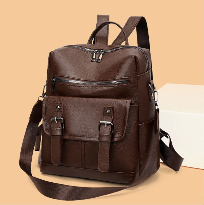 New Fashion Vintage High Quality Leather Double Zipper Shoulder Bags Women's Large Capacity Travel Backpacks Motorcycle Backpack