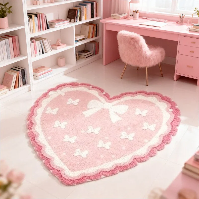 VIKAMA Rosa herzförmiger Plüschteppich mit Schleife, weiche, rutschfeste Bodenmatte für den Innenbereich, für Wohnzimmer, Schlafzimmer, Heimdekoration – Detail 3