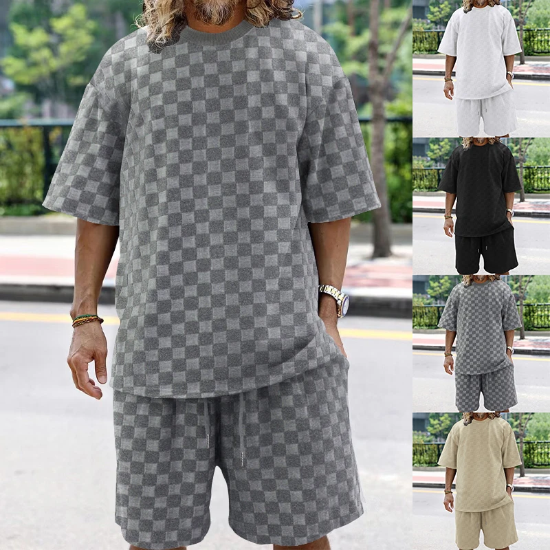 Europe and the United States cross-border men's jacquard checkerboard summer loose short sleeve shorts casual suit