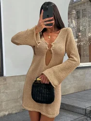 Sexy Flared Sleeve Slim Knitted Dress 2024 Autumn / Winter Women's Elegant V-neck Short Dresses A2917