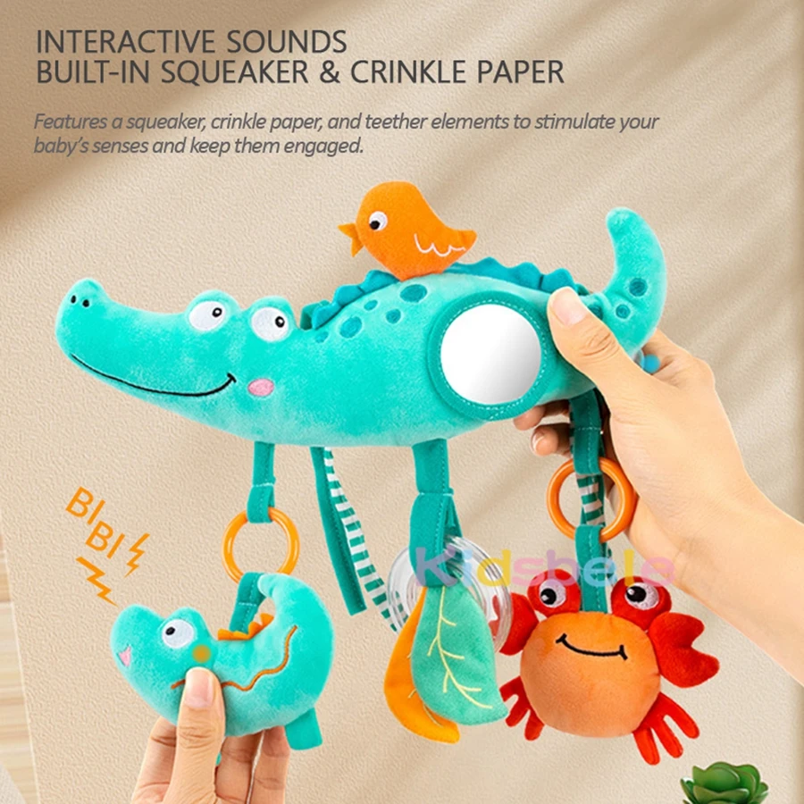 Jouet suspendu en peluche animal mignon pour berceau et poussette – Hochet doux, anneau de dentition et miroir, jouet sensoriel d'apprentissage précoce
