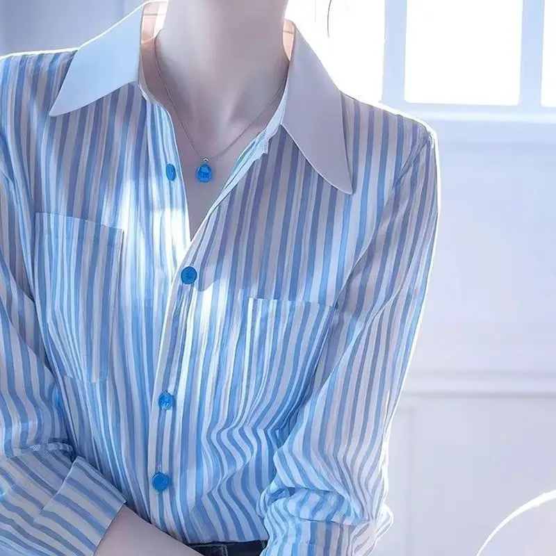 

Long Sleeve Shirts Womens Cotton Striped Slim Fit Chic Minimalist Feminine Romantic Comfortable Daily Office Vacation Wear