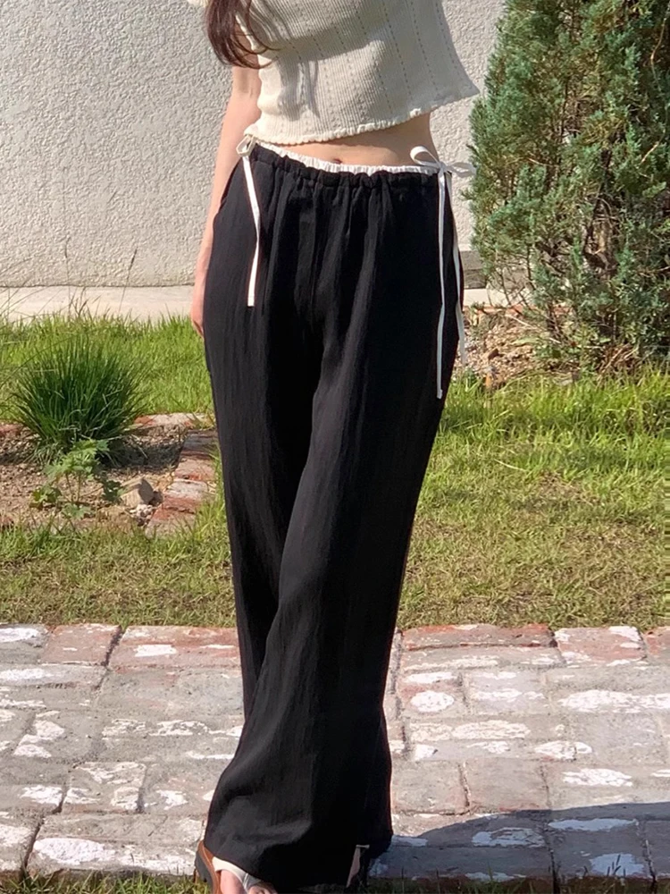 Eleganckie spodnie damskie z wysokim stanem, szerokie nogawki, na wiosnę i lato, odmładzające, kolorowe, z wiązaniem, długie spodnie z paskiem.