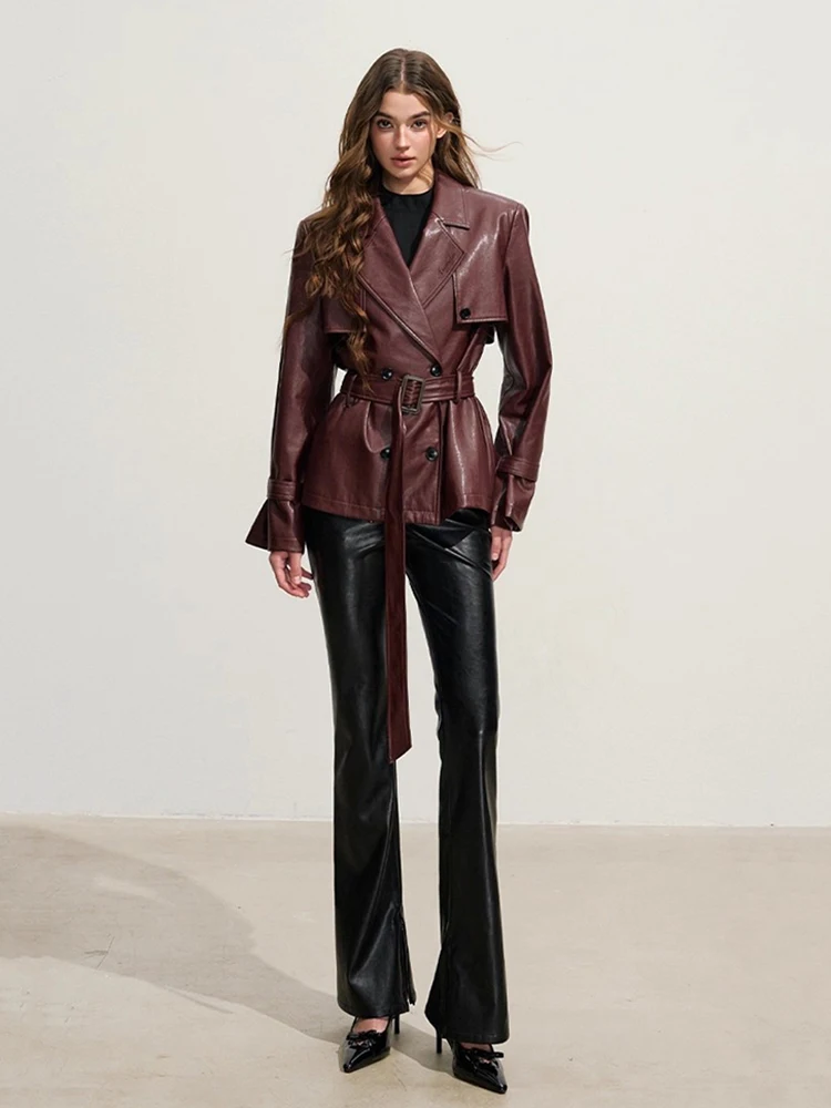 REDDACHiC Leather Cropped Trench Coat with Belt Red Retro Double-Breasted Lapel Blazer Jacket Biker Moto Punk Women's Outerwear