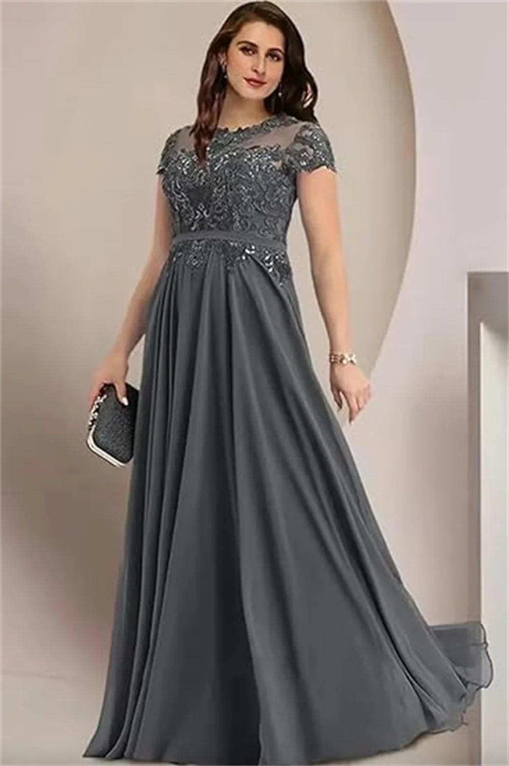 

Customized Shiny Sequin Lace Appliques A Line Long Mother Of The Bride Dress For Wedding Short Sleeves Formal Prom Evening Gowns