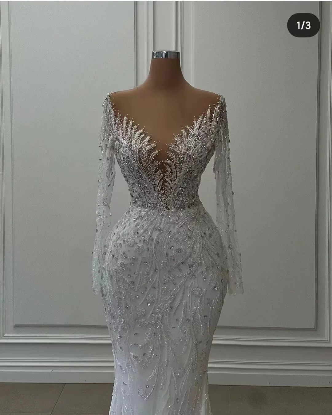 Customized Mermaid Long Sleeves High Quality Sequined Beading Handmade Long Trailing Luxury Wedding Dress