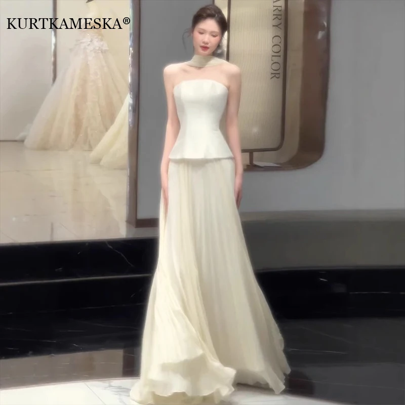 

Elegant Strapless Corset Beige Wedding Dresses Satin and Chiffon Evening Dress for women Korea Photo Shoot Princess Bride Gowns