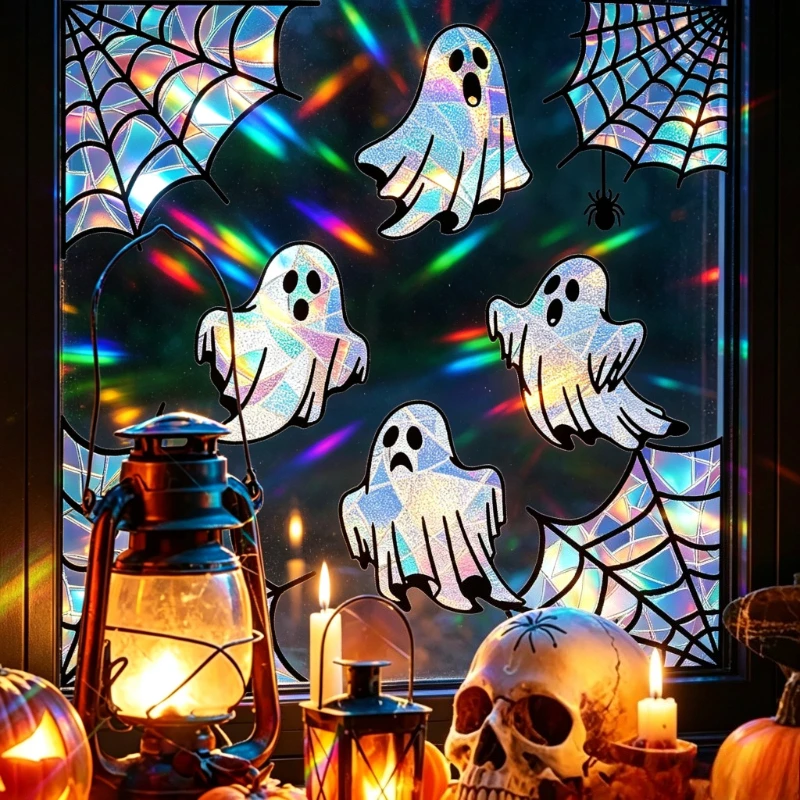 Halloween Electrostatic Sunlight Catcher Window Cling Colorful Spider Web Ghost Sticker for Holiday Home Party Decor Supplies