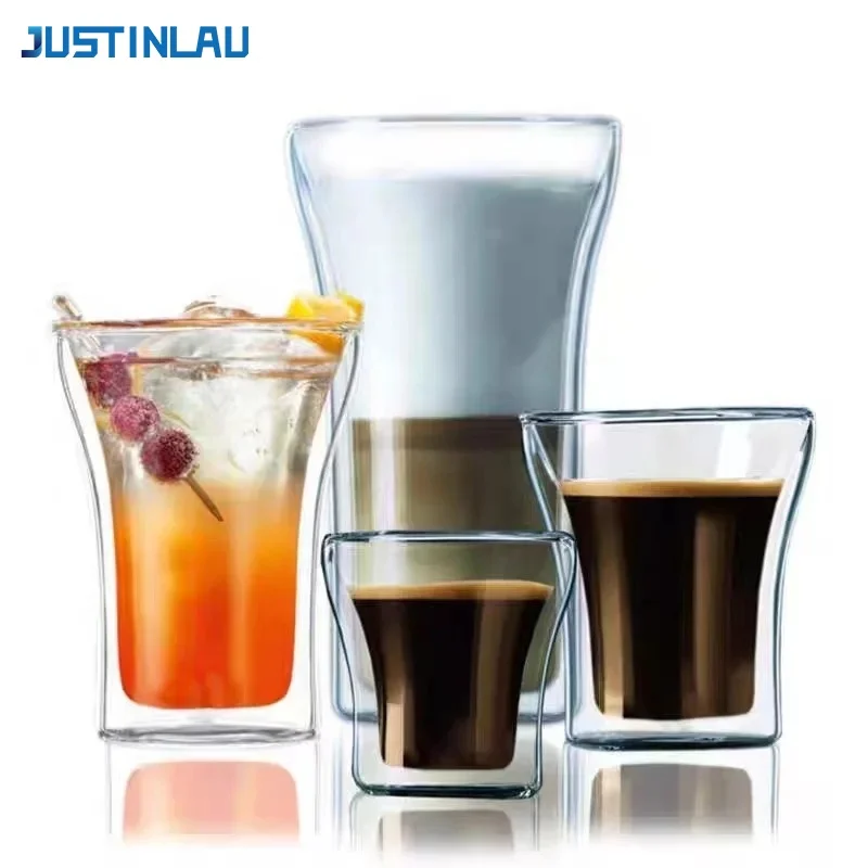 JUSTINLAU 1/2/4Pcs Double Wall Glass Coffee Cup Heat Insulation Transparent Water Cup Breakfast Glass Cold Drinks Beer Mug