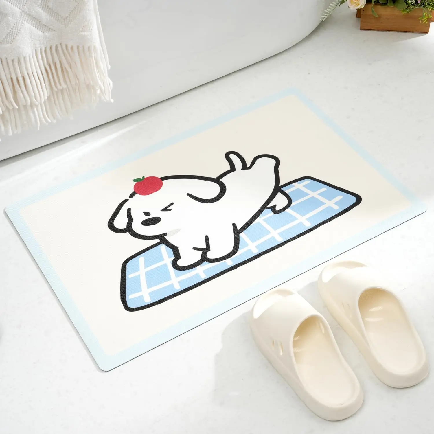 Cute Dog Illustration Cartoon Design Bath Mat Rug for Bathroom Decor Whimsical Pet Animal Absorbent Waterproof Floor Mat Area Ru