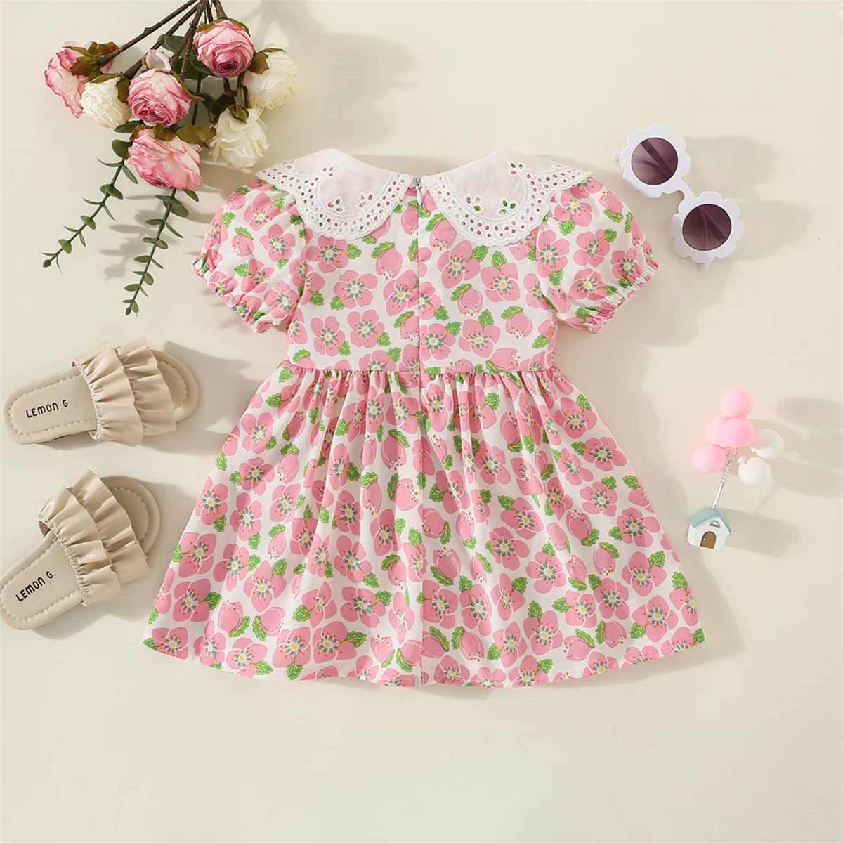 2 Pieces/Set Summer Baby Girl Lace Lapel Peach Blossom Chiffon Short Sleeve Knee-length Cool Dress+Bag