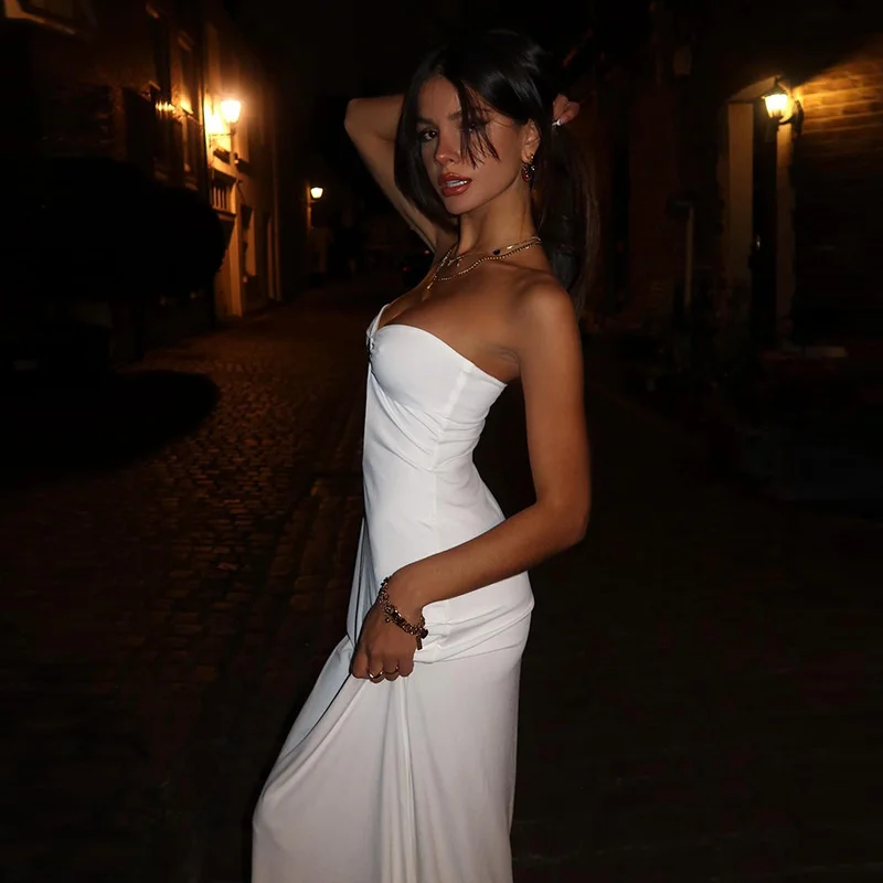 Strapless Backless Slim Hollow Out White Beach Dresses Sexy Women Summer Sleeveless Off Shoulder Solid Dress Vacation Outfits