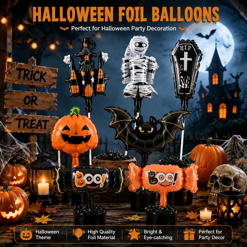 5-teiliges Halloween-Folienballons-Set Fledermaus Kürbis Süßigkeiten Geisterhaus Geformte Aluminiumfolienballons für Halloween-Party-Dekoration – Detail 6