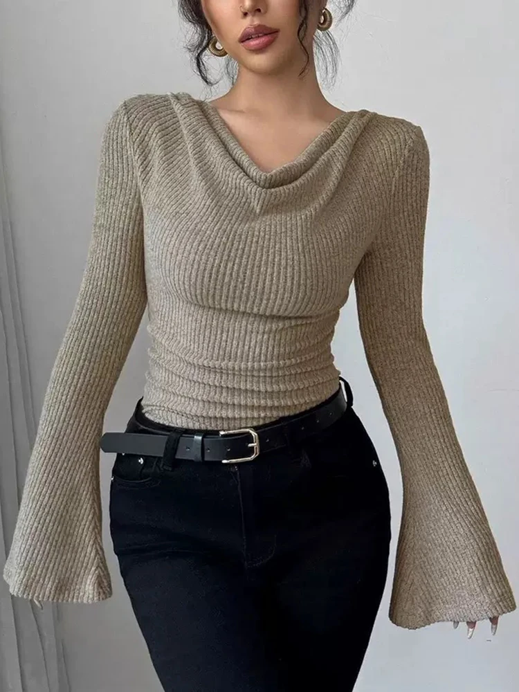 2025 Autumn and Winter Women's Pit Stripe Base Shirt, Off Shoulder Slim Fit Knitted Long Sleeved Top, Hot Selling Commuting Styl