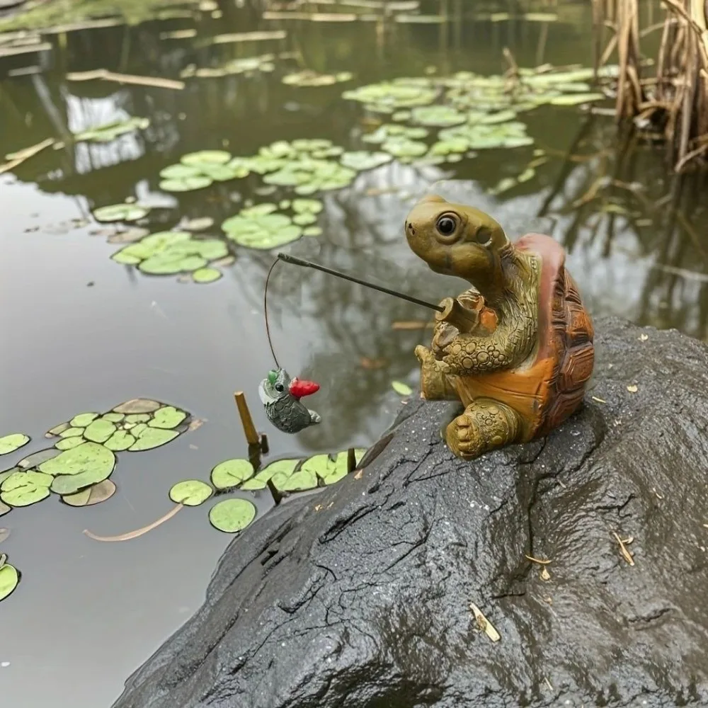 Rope Fishing Turtle Statue Animal Sculpture Resin Craft Fish Tank Ornament Flower Pot Decor Small Fishing Turtle Figure