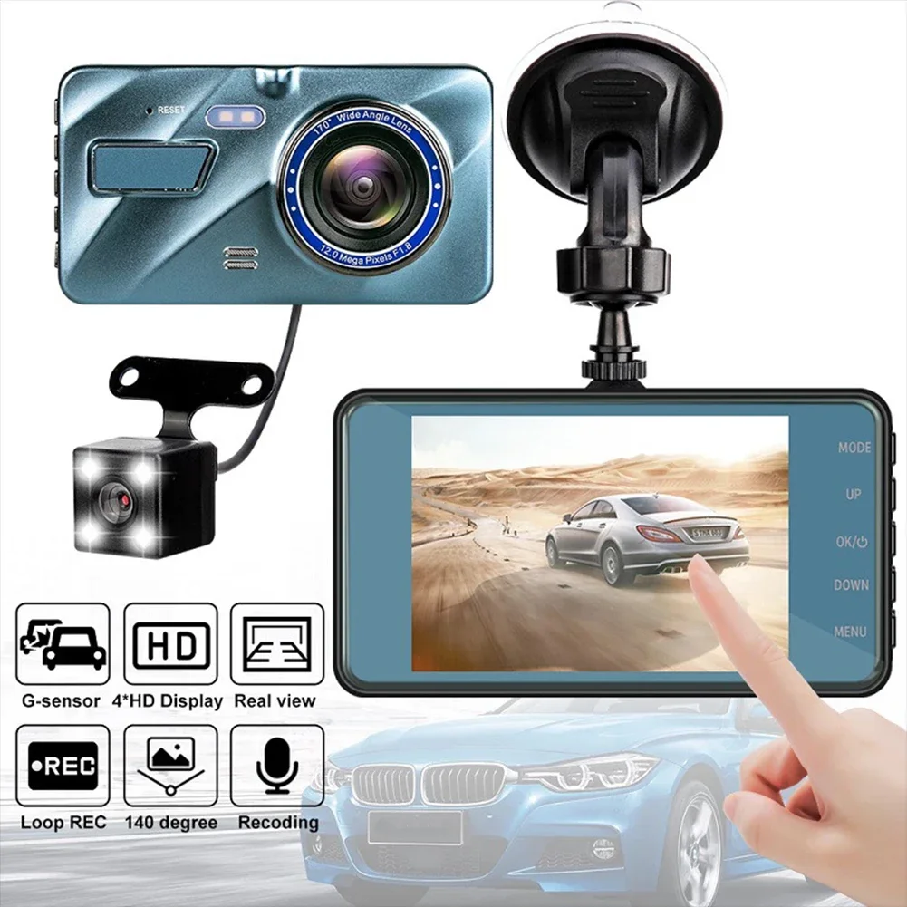 Mini Cámara para Auto de 4 Pulgadas, Cámara Dual HD, DVR para Auto, Cámara Delantera y Trasera 1080P, Visión Nocturna, Lente Dual, Cámara de Video para Auto, Cámara de Reversa