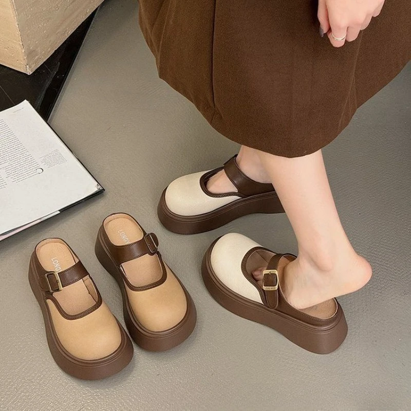 Women Mules Thick Sole Platform Women's Slippers 2026 New Retro Buckle Closed Toe Casual Slides Female Comfort Non Slip Shoes