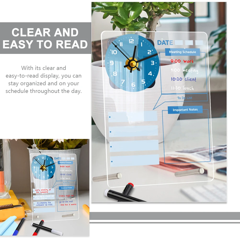 

1 set Vertical Standing Acrylic Notepad Desk Dry Erase Board Multi-Function Memo Organizer Wall Clock Planner Reusable Office