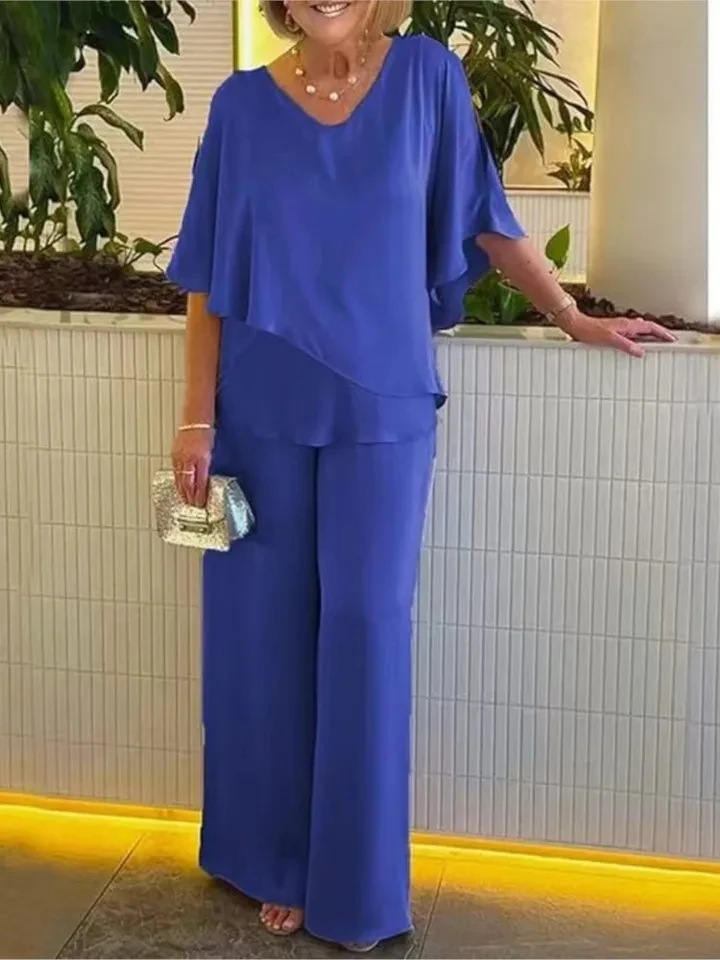 

Summer New Solid Color Round Neck Short Sleeve Women Suit Casual Loose Irregular Top Elegant Female Jumpsuits Office 2piece Set