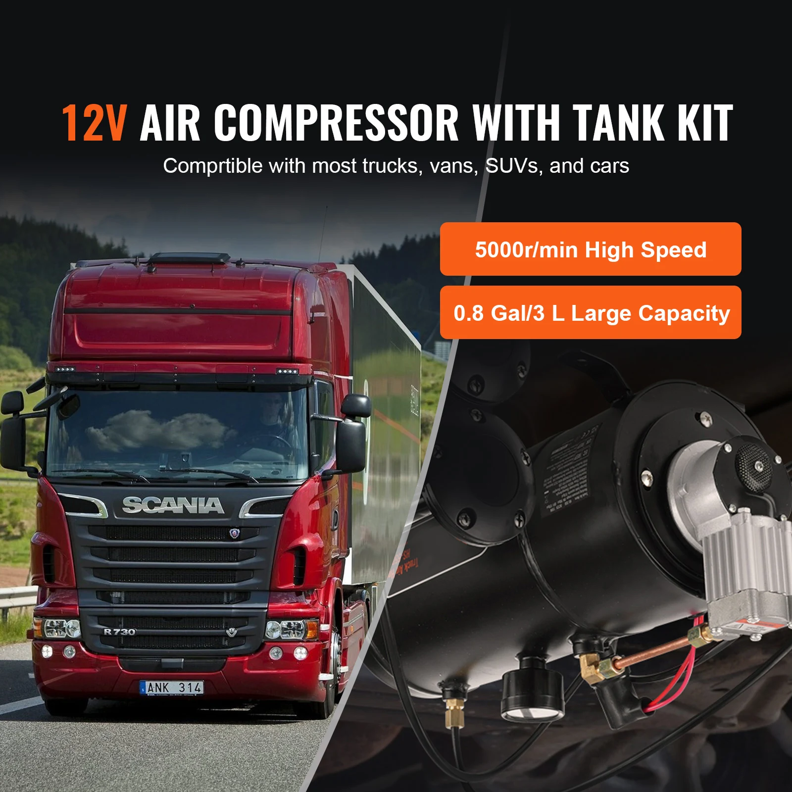 12V Air Compressor with Tank 0.8 Gal Train Horn Air Compressor 120 psi Working Pressure Onboard Air Compressor System