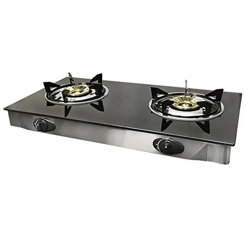 Portable Stainless Steel Double Burner Gas Stove Range with Tempered Glass Cooktop and 20,000 BTU/h Includes Regulator and Hose