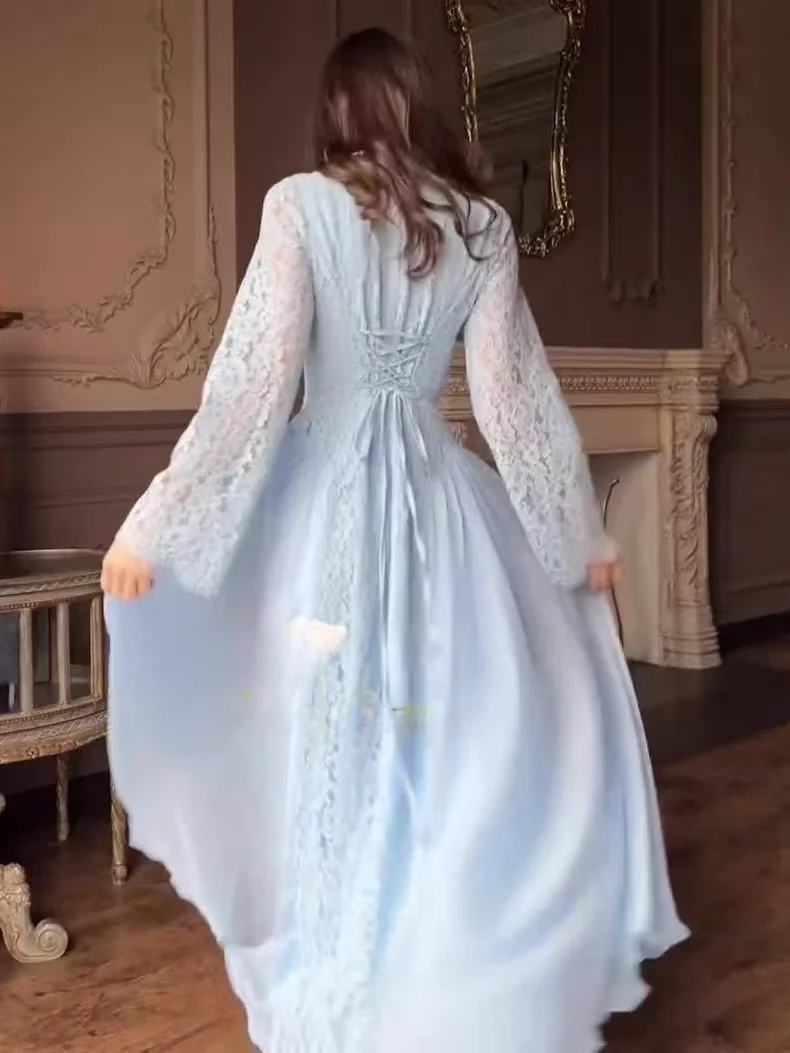 Faionable Lace Patchwork Long Sve Dr Long A-Line Skirt High Waist Polyester Fabric Zipper Ba Closure Slim Fit round...