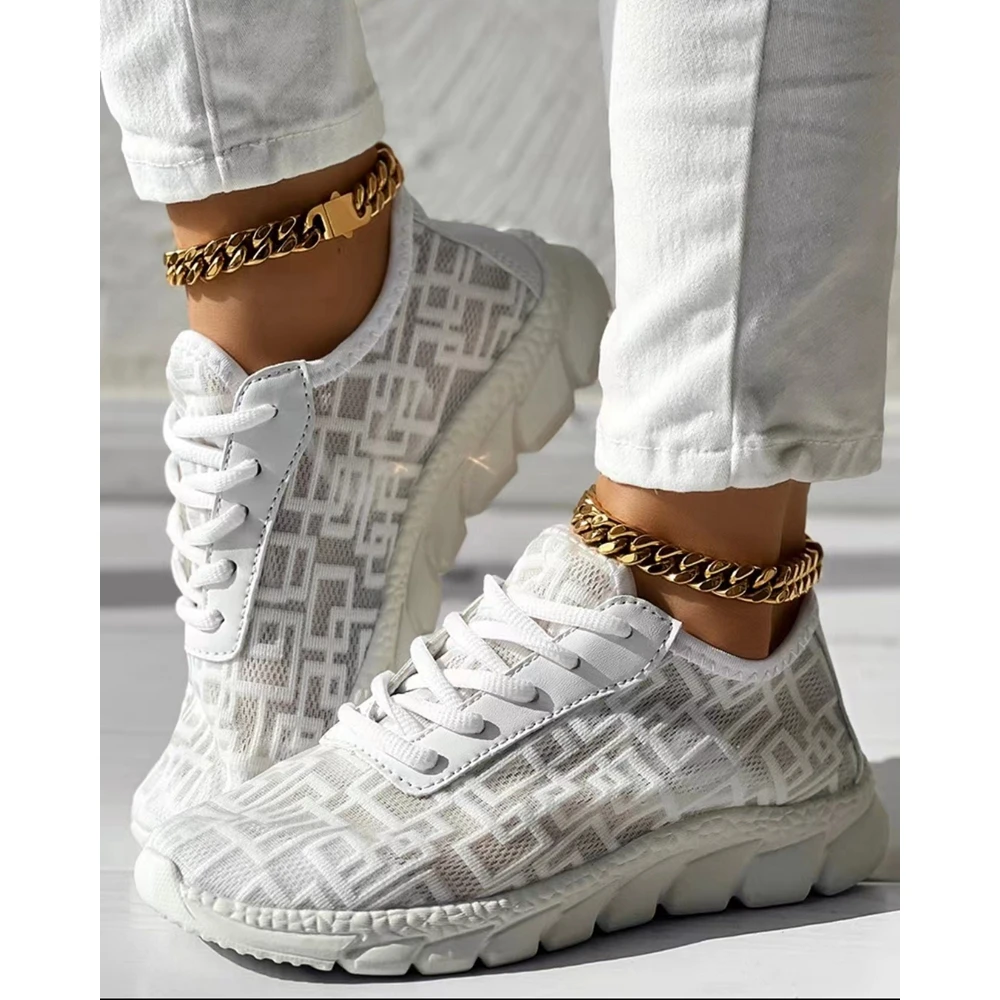 Women Geometric Lace-up Breathable Sneakers Daily Casual Round Toe White Sports Shoes Spring Fashion Going Out Running Shoes