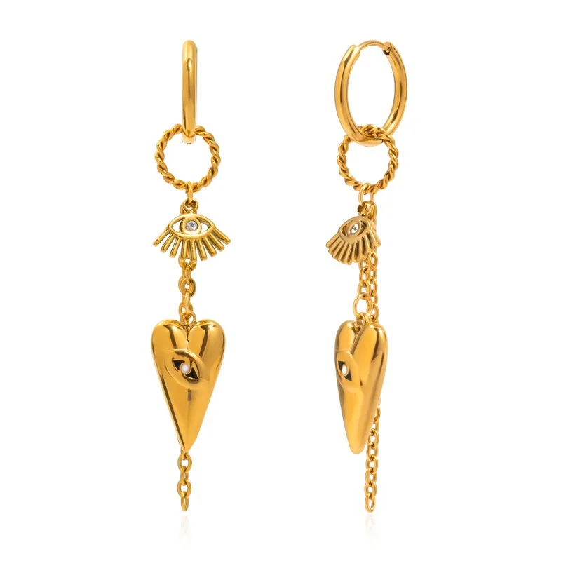 

Minar Luxury Rhinestone Hollow Evil Eyes Heart Long Chain Tassel Hoop Earrings for Women Stainless Steel 18K Gold PVD Plated