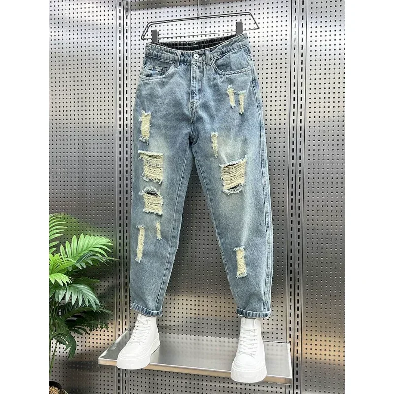 

Foufurieux New Ripped Jeans Men Clothes Loose Stretch High Waist Jeans Male Denim Pants Oversize Vintage Jean Trousers Harajuku