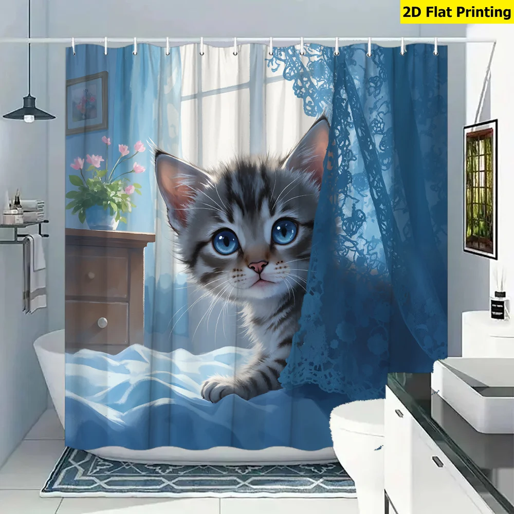 Shower Curtain Luxury Shower Curtains for Bathroom 2D Flat Shower Curtain, 1 Piece, Tabby Kitten Peeks Through Blue Curtain