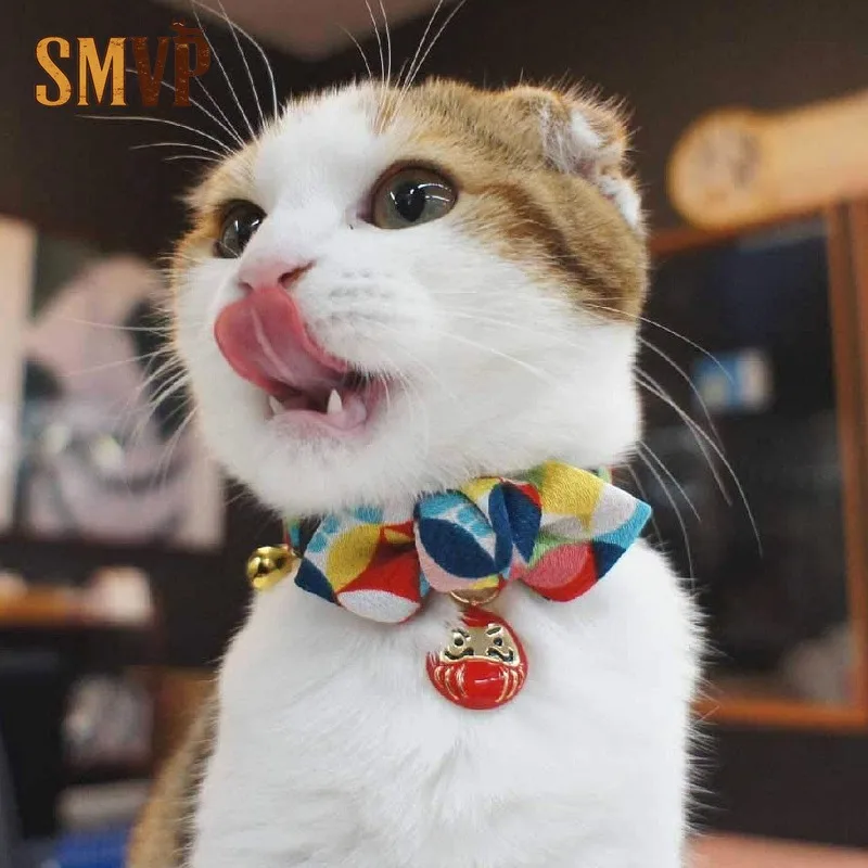 Japanese Style Cat Collar with Bell  Bow Tie Kimono Fabric Pet Necklace for Cats Adjustable Safety Neck Strap Pet Decorations