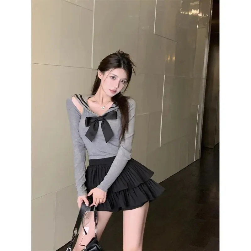 Hollow Out Y2k Women Camisetas Long Sleeve Off Shoulder Slim Waist Gray Tops Tees Sexy Tshirts Preppy Style Sailor Collar