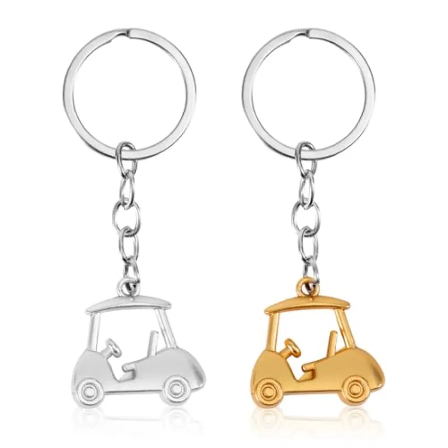 

2pcs Golf Cart Keychain Zinc Alloy Golf Keychain Silver Gold Sparklely Golf Cart Keychain Golf Style Key Chains for Man Golf Lo