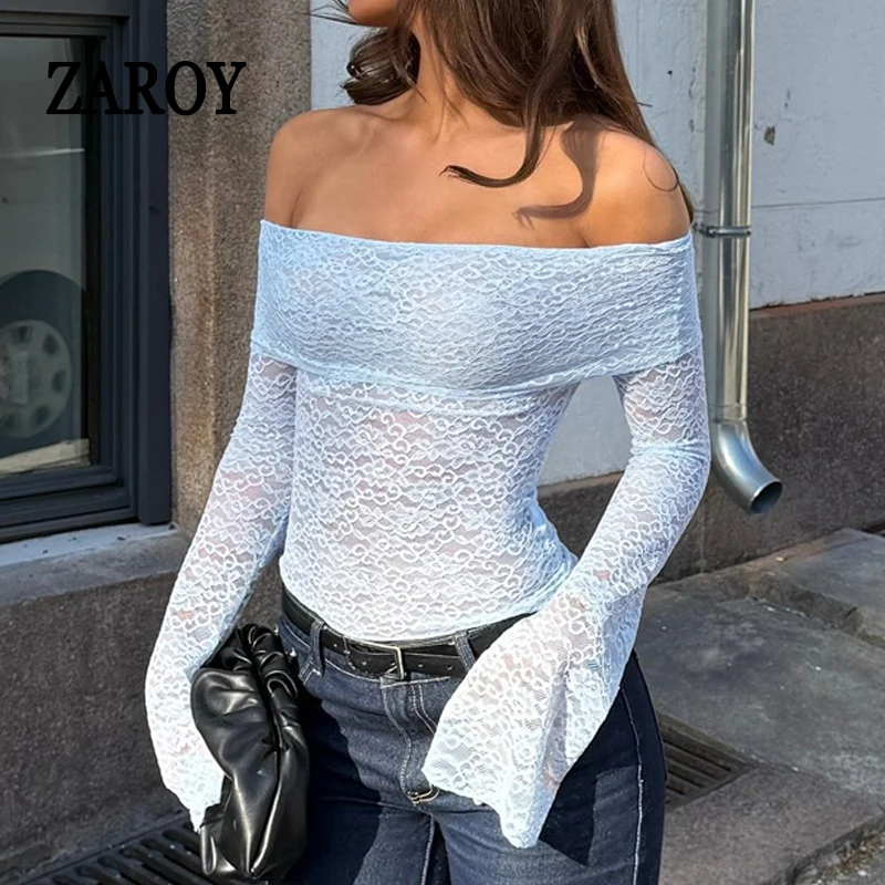 

ZAROY Slash Neck Lace T-shirts Autumn Long Flare Sleeve Solid Slim Women's Tee Simple Fashion Sexy Off Shoulder Tight Tshirts