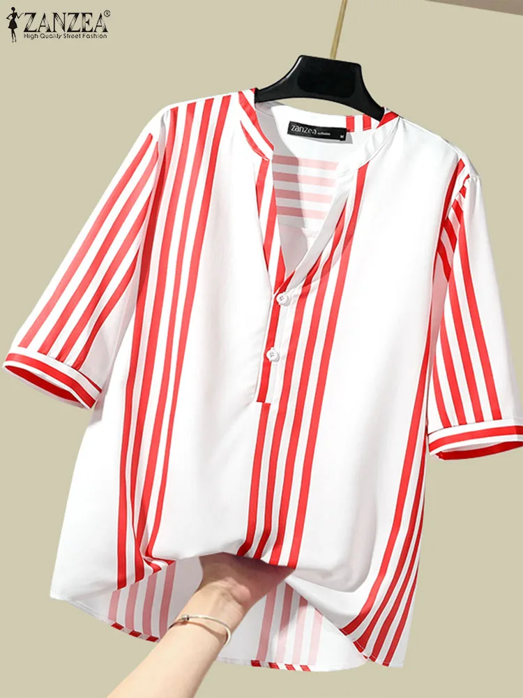 

ZANZEA Summer Stripe Printed Shirt Women V Neck 3/4 Sleeve Blouse Causal Tops Work Holiday Blusas Femme Buttons Down Chemsie