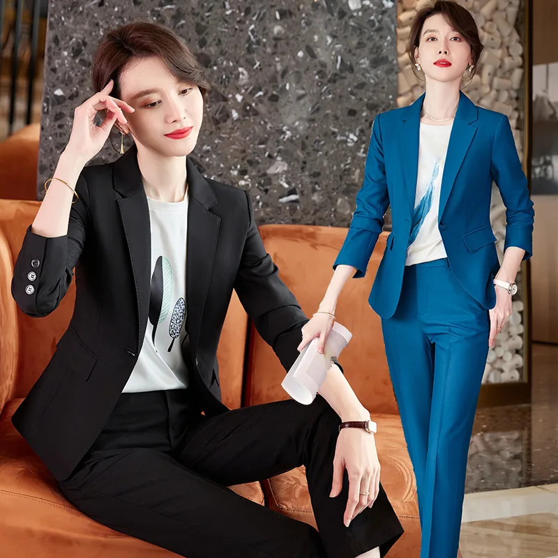 

Blue Blazer Women's Spring and Autumn Business Wear Goddess Temperament Graceful Fashionable Set Long Sleeve Two-Piece Overalls