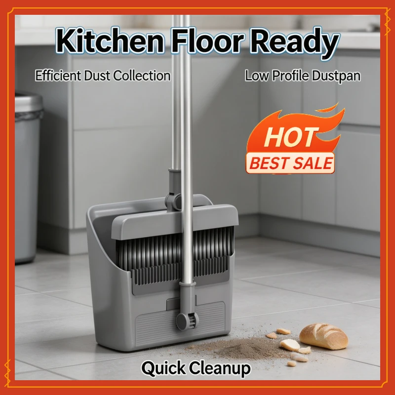 3-in-1 Folding Broom & Dustpan Set Standing Floor Brush Squeegee Sweeper with Comb Teeth for Home Kitchen Office Floor Cleaning
