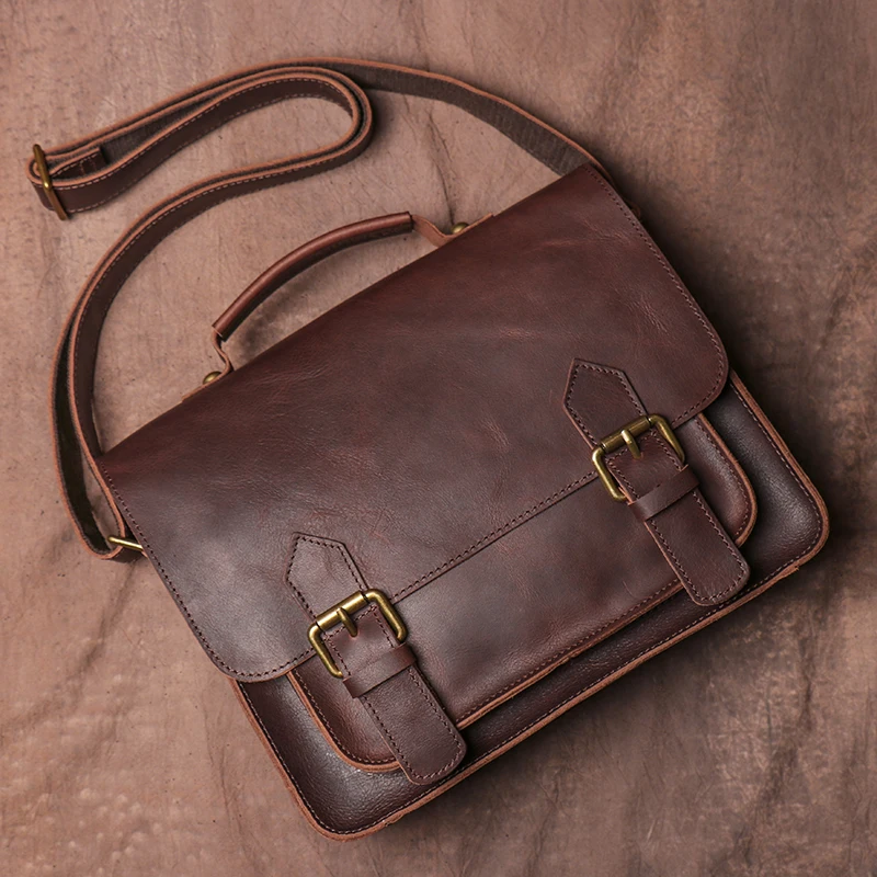 Genuine Leather Vintage Handbag For Men Crossbody Bag Shoulder Strap Handbags Man Messenger Bag College Style Satchels Bag