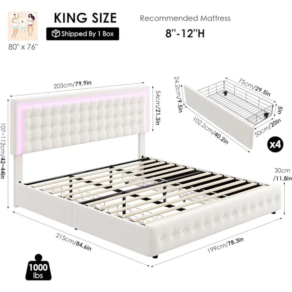 Cadre de lit à LED King avec station de charge, égouts de proximité de stockage, planche de sauna réglable, lit à plateforme touffetée à bouton en velours, cadre de lit