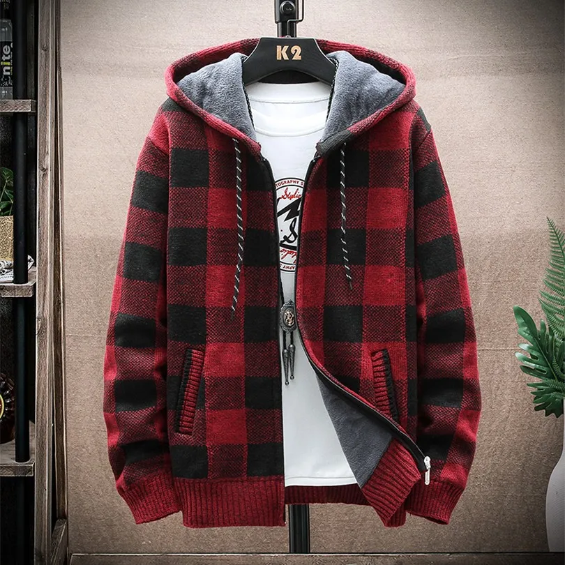 Plaid Hooded Sweatshirt Man Cardigan Men\'s Hoodies Sweater Coat Winter Hoodie Man Clothes Korean Reviews Many Clothes 2024 New