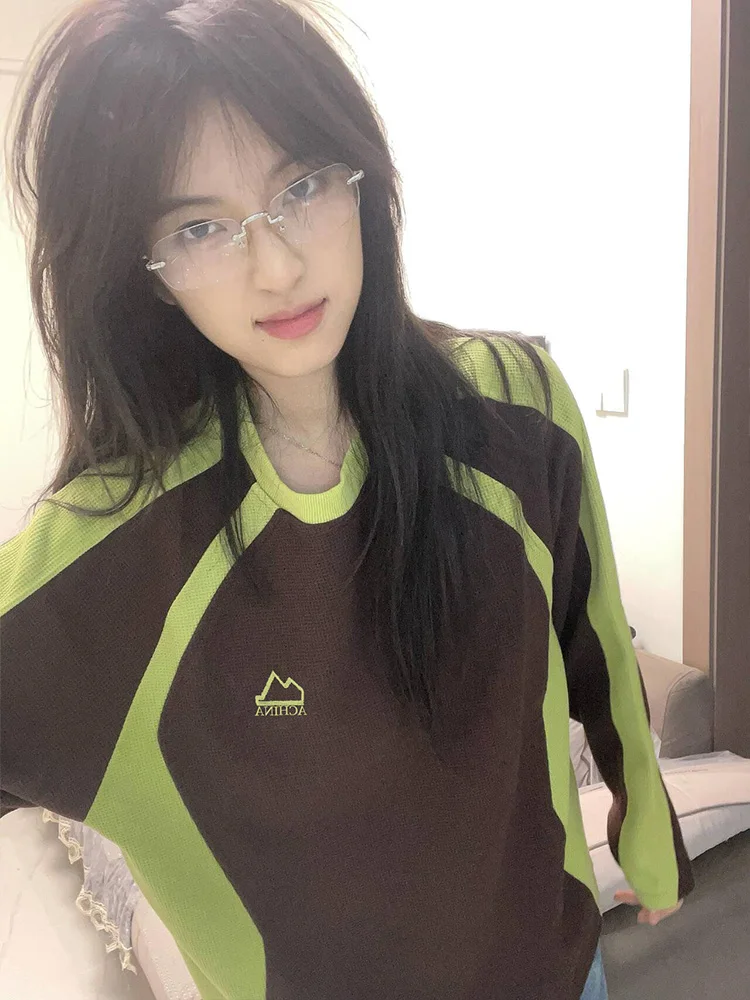 Waffle Knit Sweatshirt No Hat Womens Y2K Clothes 2000S Winter Warm Lined High Street Heavyweight Knitting Stitched Beautiful Ins