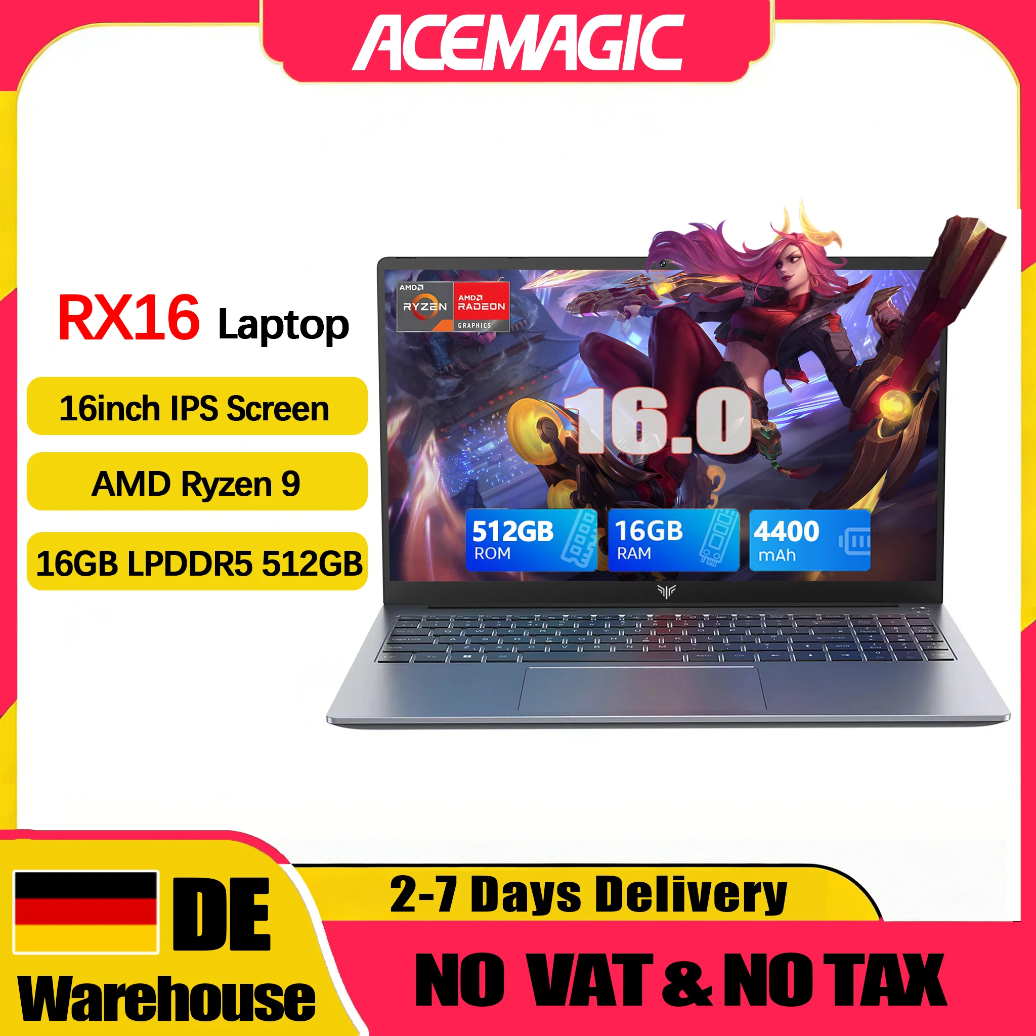 Portátil Acemagic RX16 de 16 pulgadas FHD para juegos, AMD Ryzen 9 6900Hx, 16 GB de RAM, 512 GB SSD, Windows 11 Pro, teclado retroiluminado, Wifi6, Bt5.2