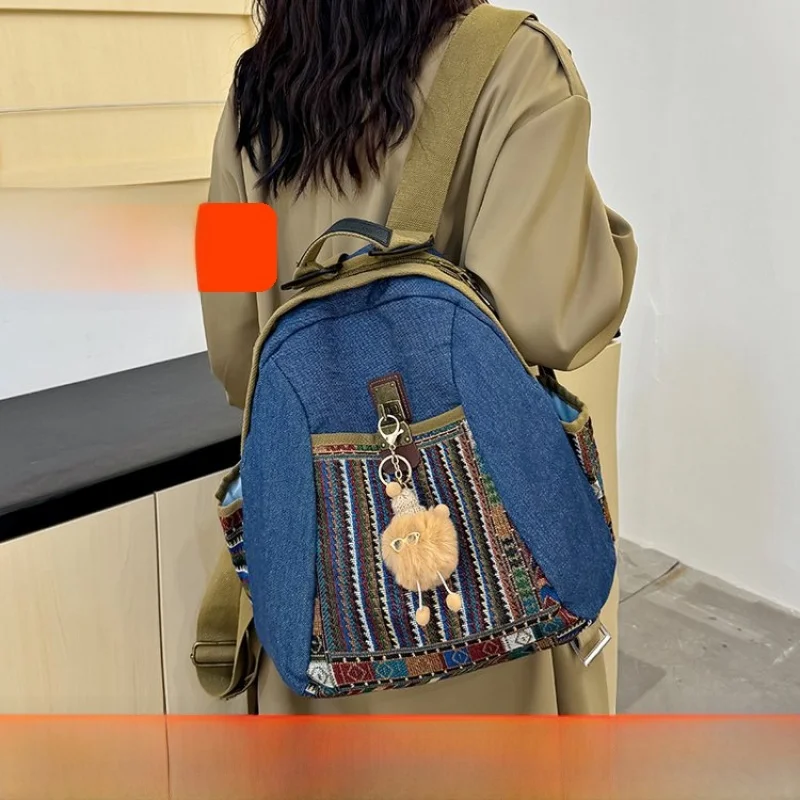 Retro Denim Fabric Backpack Large Capacity Travel Bag Fashionable Canvas Women's Shoulder Bag Trendy School Bag with Computer...