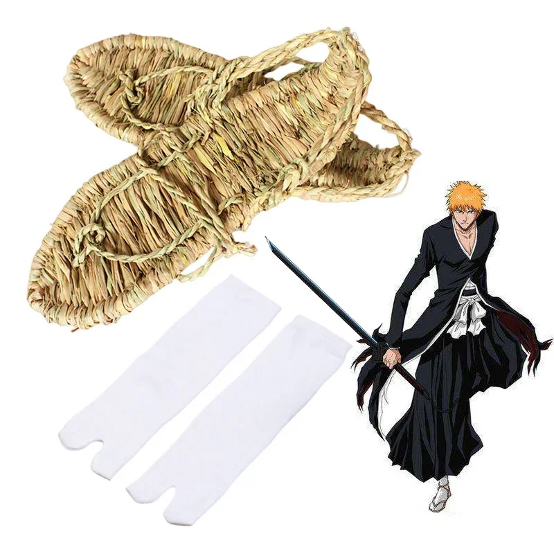 2026 Anime Bleach Cosplay Ichigo Shoes Handmade Straw Sandals Slippers and Two-Toe Socks Men Women Halloween Role Play Props