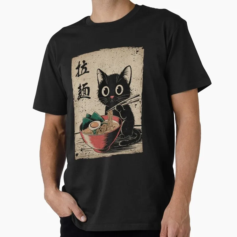 Cat Ramen Japanese Funny Graphic Tees Kawaii Cat Anime Gift T Shirt Funny Cat Lover Tee Unisex Short Sleeve Cute Tops