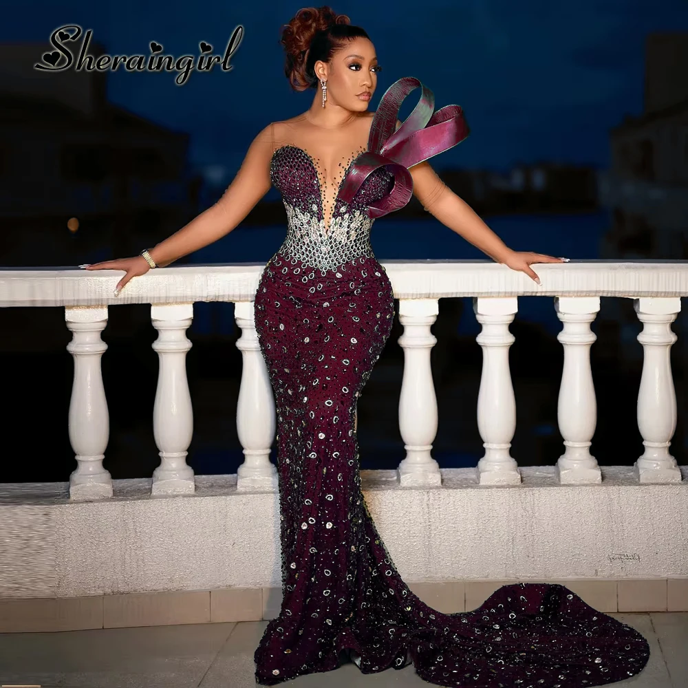 SHERAIN العصرية حجر الراين فساتين لحضور الحفلات الموسيقية حورية البحر طويلة الأكمام ذيل محكمة جلد حتى Vestidos De Noche مهرجان انخفاض الشحن #3